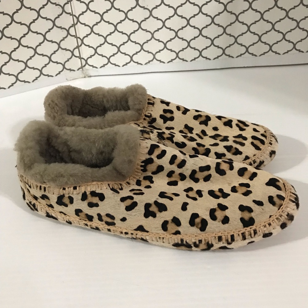 LAIDBACK LONDON Fuyu Crochet Sheepskin Ladies Leopard Slipper Size 40